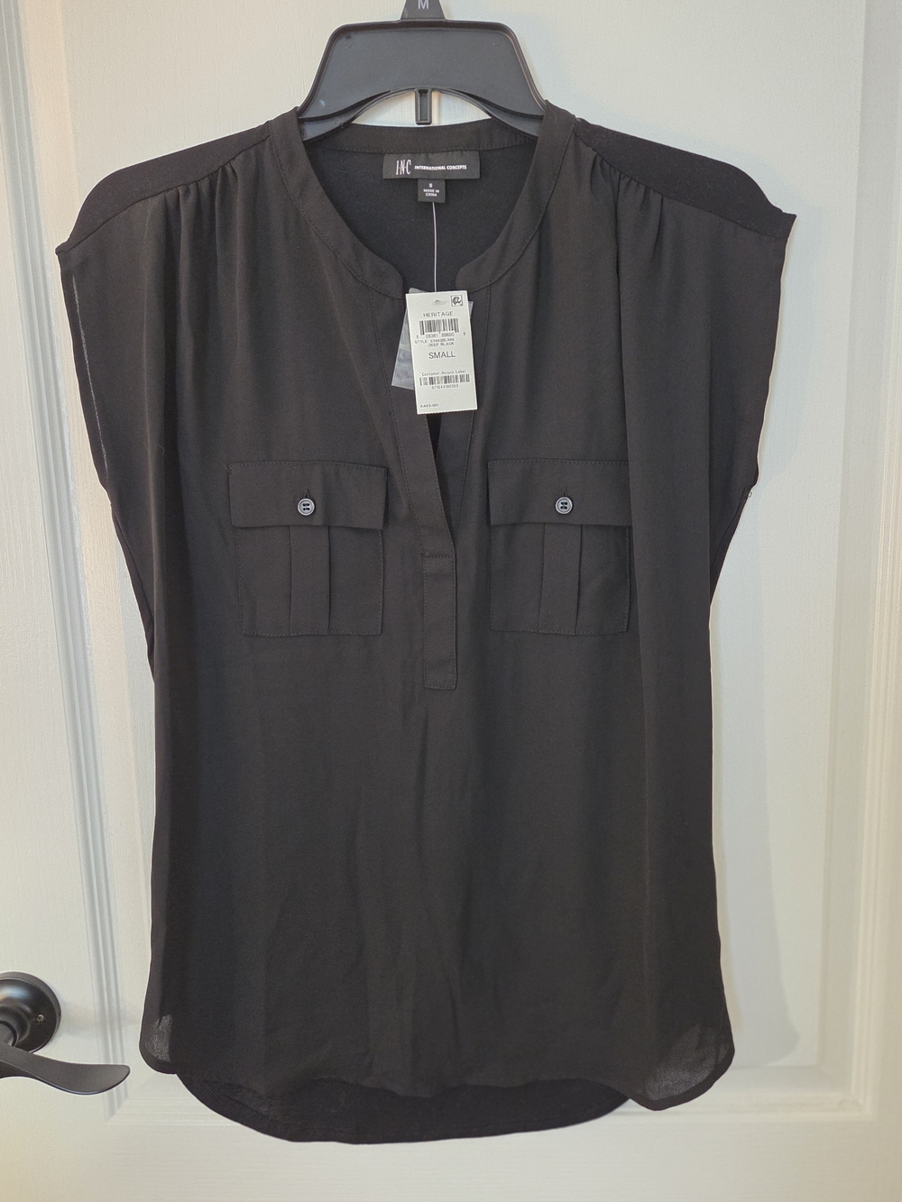 INC International Concepts Black Cap-Sleeve Split-Neck Blouse